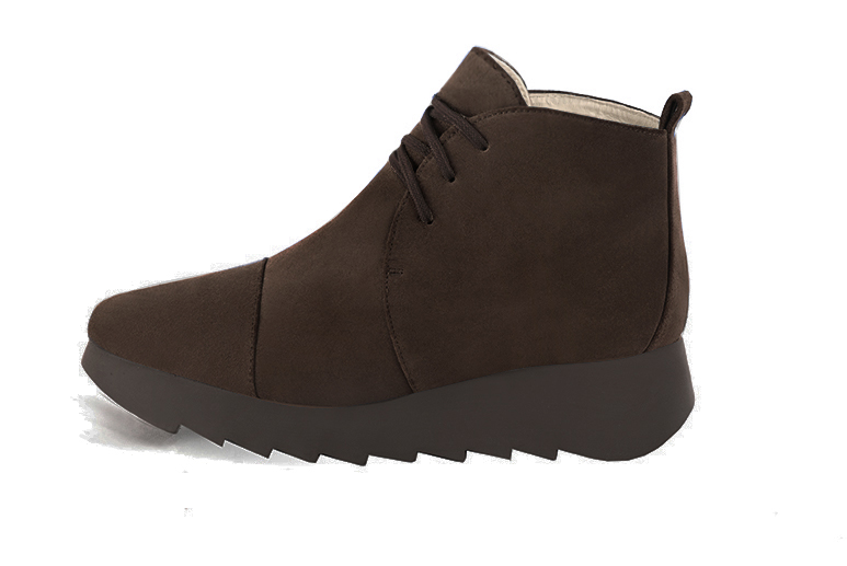 Dark brown women's ankle boots with laces at the front. Square toe. Low rubber soles. Profile view - Florence KOOIJMAN